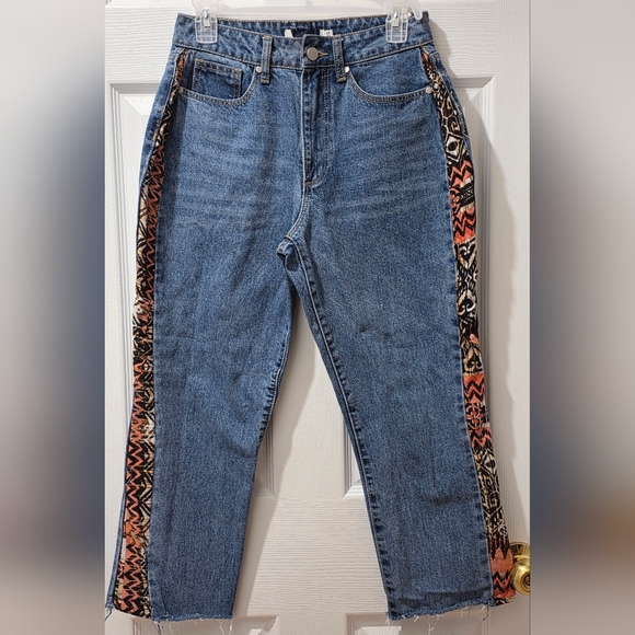 Reworked Unique High Rise Blue Jeans with Patterned Stripes Fits Size S- M US 27 - Picture 2 of 5